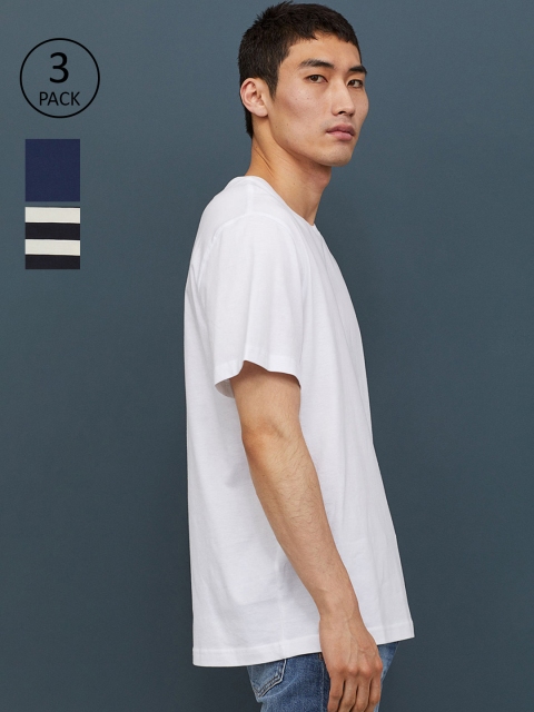 

H&M Men Navy Blue & White 3-pack T-Sustainable Shirts Regular Fit