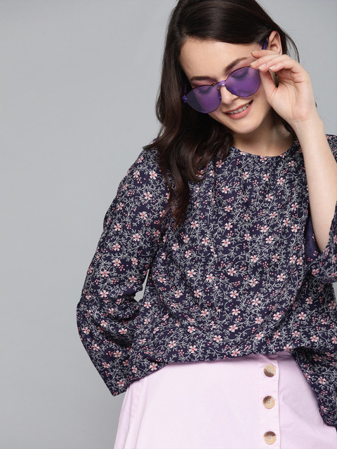 

HERE&NOW Women Navy Blue Printed Top