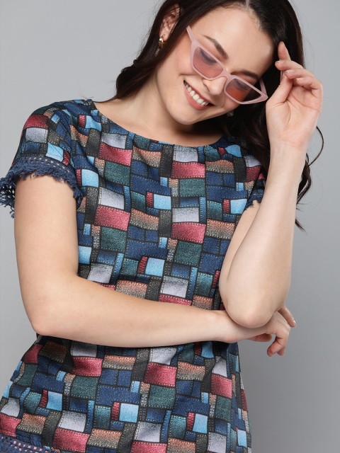 

HERE&NOW Women Navy Blue Printed Lace Insert Top