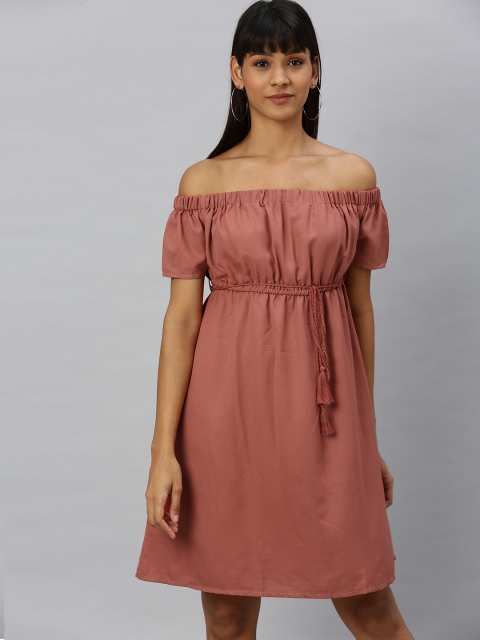 

HERE&NOW Women Pink Solid Off-Shoulder A-Line Dress with Waist Tie-Up