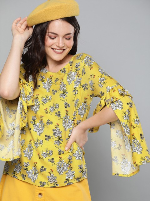 

HERE&NOW Women Yellow Printed Slit Sleeves Top