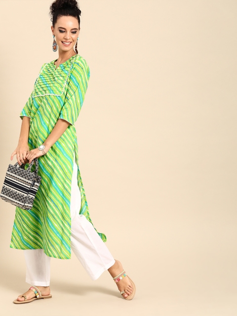 

Nayo Women Green & White Striped Pleated Kurta with Palazzos