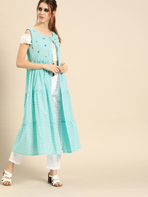 

Nayo Women Blue & White Printed Tie-Up Tiered Longline Shrug With Gathers