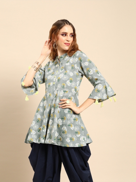 

Nayo Women Grey & White Printed Woven Pure Cotton Flared A-Line Kurti With Tassel Detail