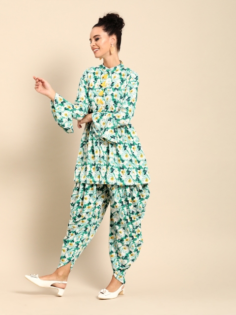 

Nayo Women Green & White Printed Kurta with Dhoti Pants