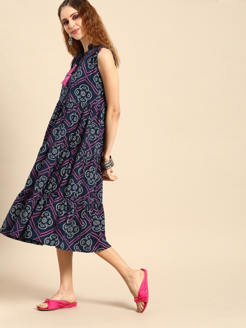 

Nayo Women Navy Blue & White Bandhani Printed A-Line Dress with Gathers