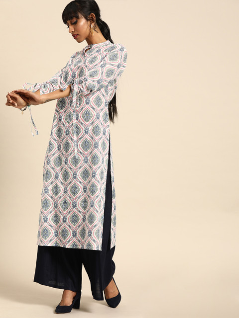

Nayo Women White & Pink Printed Straight Kurta With Tie-Ups