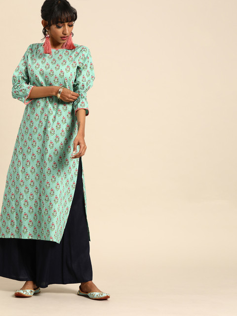 

Nayo Women Sea Green & Pink Printed Straight Kurta With Styled Sleeves