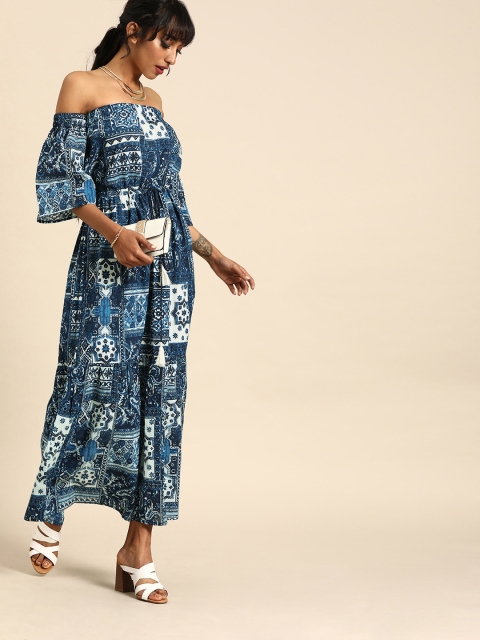 

Nayo Women Navy Blue Printed Off-Shoulder Maxi Dress With Tie-Up