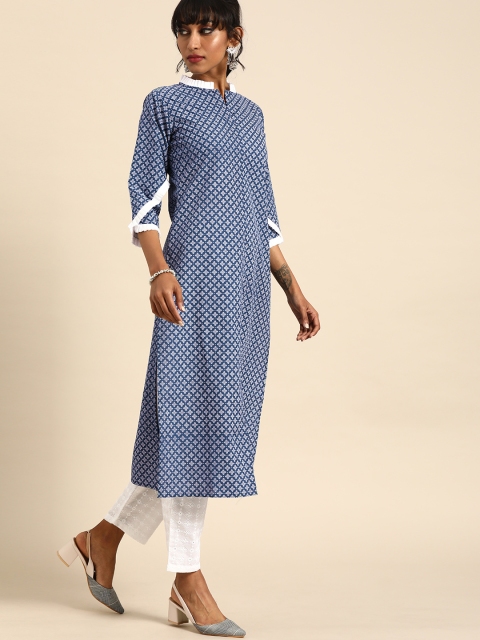 

Nayo Women Blue & White Printed Straight Kurta With Pleated Sleeves