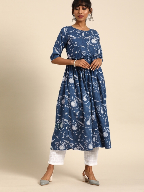 

Nayo Women Blue & White Printed A-Line Kurta With Gathered Detail