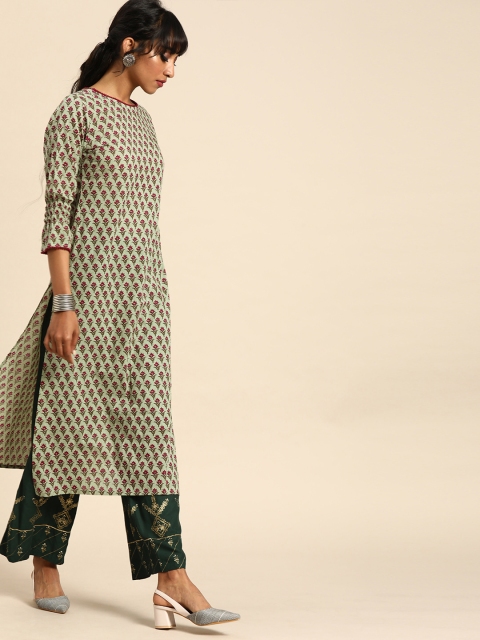 

Nayo Women Green & Pink Printed Straight Kurta With Lace Inserts