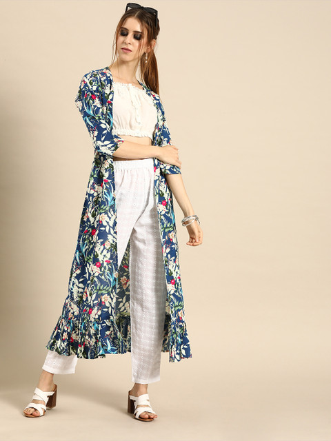 

Nayo Women Navy Blue & White Printed Open Front Longline Shrug With Gathers