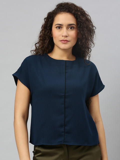 

Allen Solly Woman Women Navy Blue Solid Panelled Top
