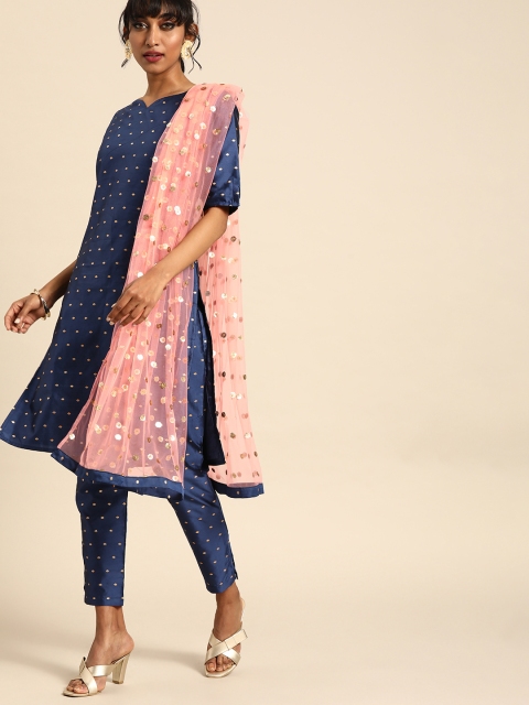 

Nayo Women Blue & Gold-Toned Woven Design Kurta with Trousers & Dupatta