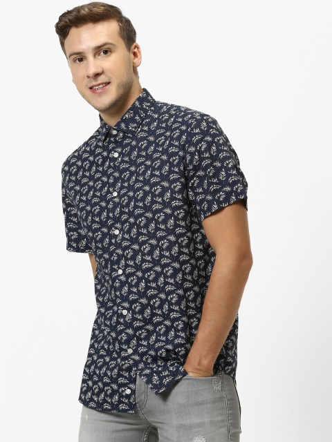 Men Navy Blue White Regular Fit Printed Casual Sustainable Shirt