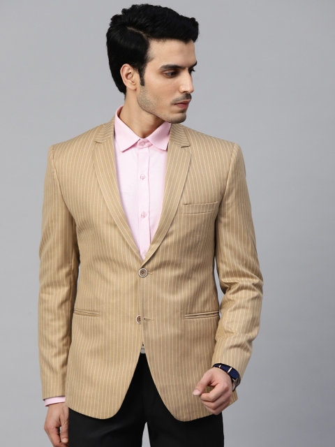Men Beige & White Striped Single-Breasted Slim Fit Formal Blazer