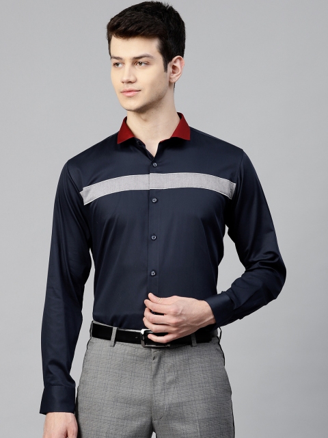 

ManQ Men Navy Blue & Grey Slim Fit Colourblocked Party Shirt