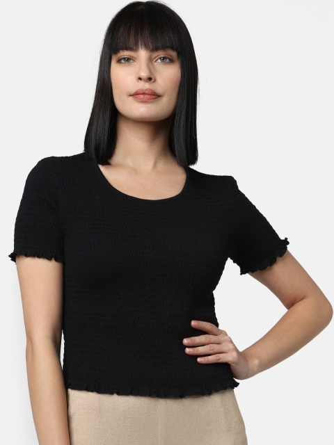 Vero Moda Women Black Solid Knitted Smocked Fitted Top With Lettuce Hem