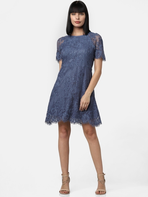 

Vero Moda Women Teal Blue Self Design Fit and Flare Lace Dress