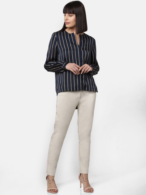 

Vero Moda Women Navy Blue & Beige Regular Fit Striped Collarless High-Low Casual Shirt