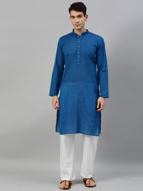 

RAJUBHAI HARGOVINDAS Men Navy Blue Woven Design Straight Kurta