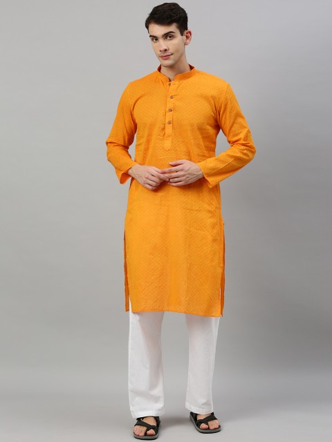 

RAJUBHAI HARGOVINDAS Men Mustard Yellow Woven Design Straight Kurta