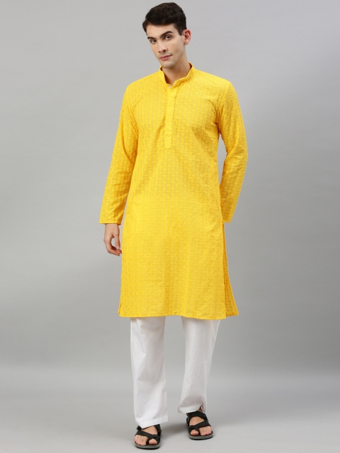 

RAJUBHAI HARGOVINDAS Men Yellow Embroidered Straight Kurta
