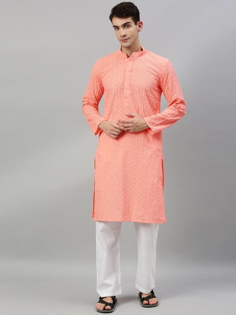 

RAJUBHAI HARGOVINDAS Men Peach-Coloured Embroidered Straight Kurta