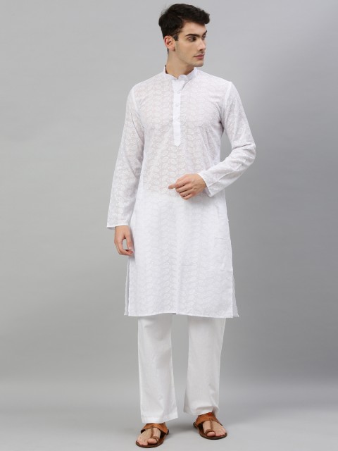 

RAJUBHAI HARGOVINDAS Men White Embroidered Straight Kurta