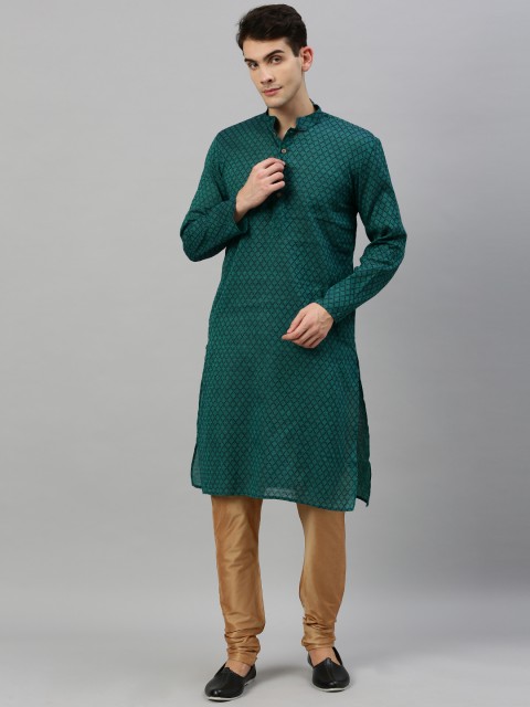 

RAJUBHAI HARGOVINDAS Men Teal Green Woven Design Straight Kurta