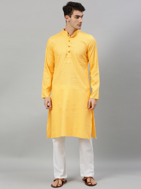 

RAJUBHAI HARGOVINDAS Men Yellow Woven Design Straight Kurta