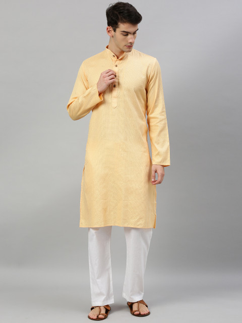 

RAJUBHAI HARGOVINDAS Men Peach-Coloured Woven Design Straight Kurta