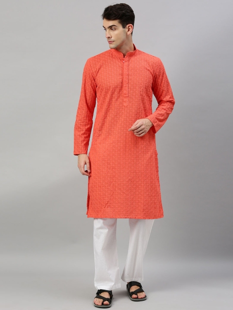 

RAJUBHAI HARGOVINDAS Men Coral Orange Embroidered Straight Kurta