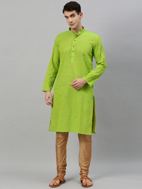 

RAJUBHAI HARGOVINDAS Men Lime Green Woven Design Straight Kurta