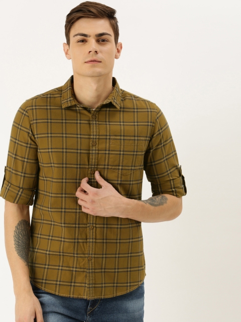 

Moda Rapido Men Mustard Yellow & Navy Blue Slim Fit Checked Casual Shirt