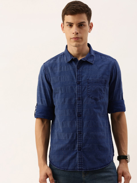 

Moda Rapido Men Navy Blue Slim Fit Striped Casual Denim Shirt