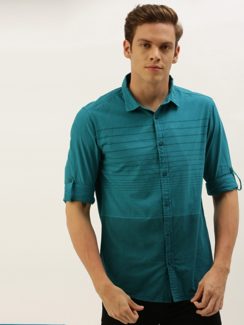 

Moda Rapido Men Teal Blue Regular Fit Striped Casual Shirt