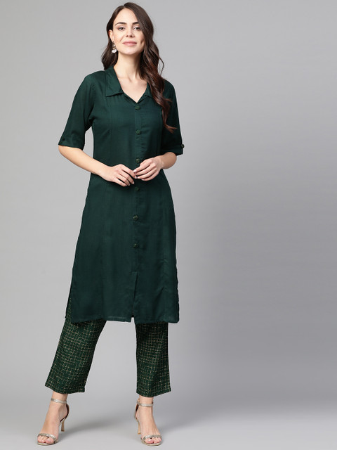 

Myshka Women Green & Golden Solid Kurta with Trousers