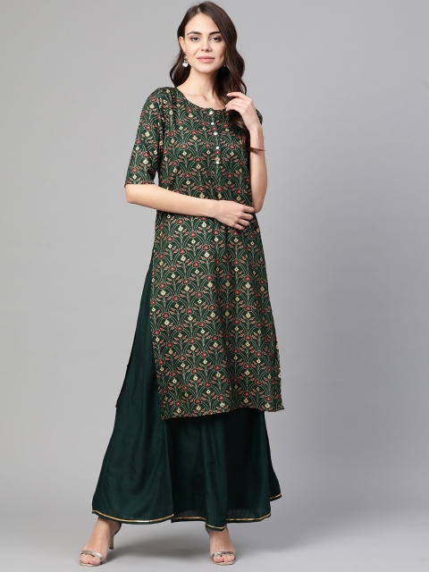 

Myshka Women Green & Golden Printed Kurta with Skirt