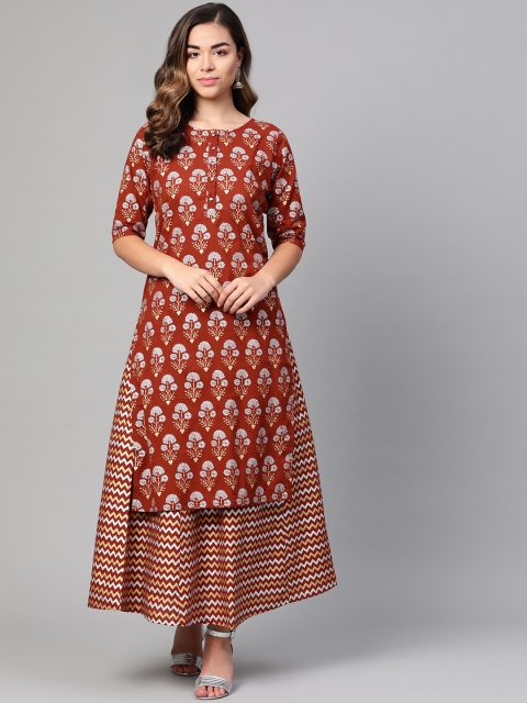 

Myshka Women Maroon & Golden Printed Kurta with Skirt
