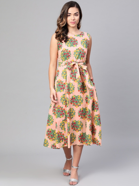 

Myshka Women Peach-Coloured & Green Floral Print A-Line Dress