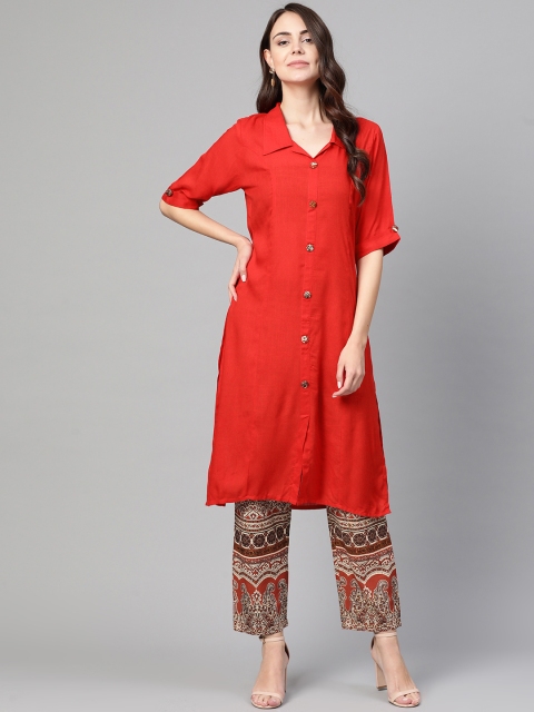 

Myshka Women Red & Beige Solid Kurta with Trousers