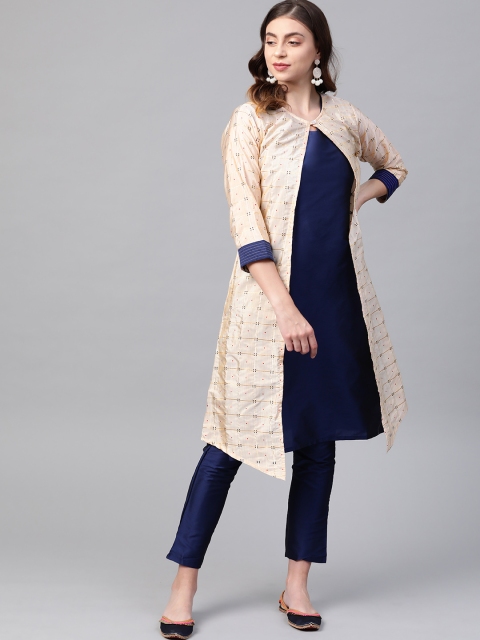 

Ives Women Beige & Navy Blue Self Design Layered Kurta with Trousers
