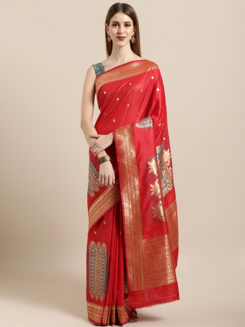 

Mitera Red & Gold-Toned Silk Blend Woven Design Banarasi Saree