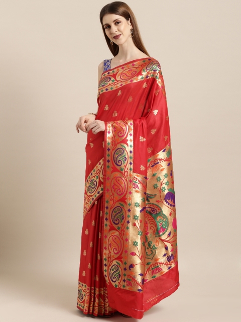 

Mitera Red & Gold-Toned Silk Blend Woven Design Kanjeevaram Saree