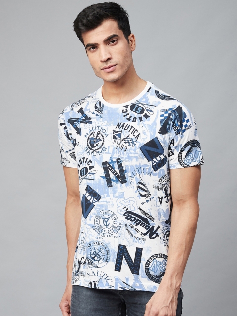 

Nautica Men White & Blue Printed Round Neck T-shirt