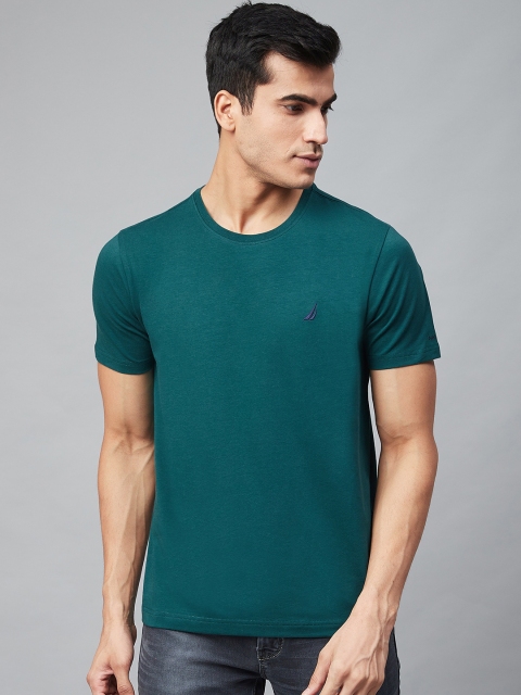 

Nautica Men Teal Green Solid Round Neck T-shirt
