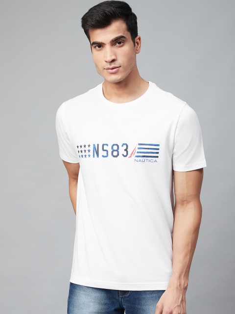 

Nautica Men White & Blue Printed Round Neck T-shirt