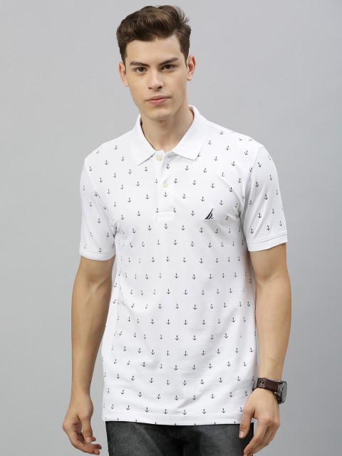 

Nautica Men White & Navy Blue Printed Polo Collar T-shirt